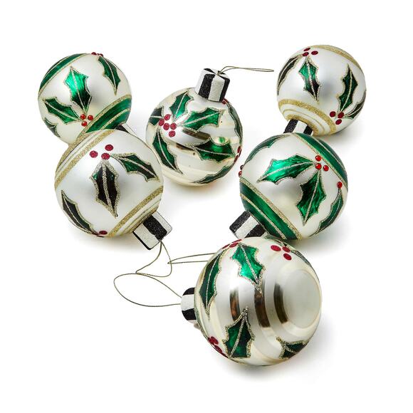 Brand New Mackenzie-Childs Holly Leaf Glass Ball Ornaments, Set of 6 - Picture 1 of 5